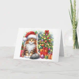 Maine Coon Kitten Sitting By Christmas Tree Helgkort