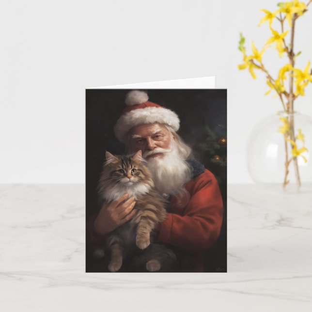 Maine Coon med Jultomten julafton Kort (Gul blomma)