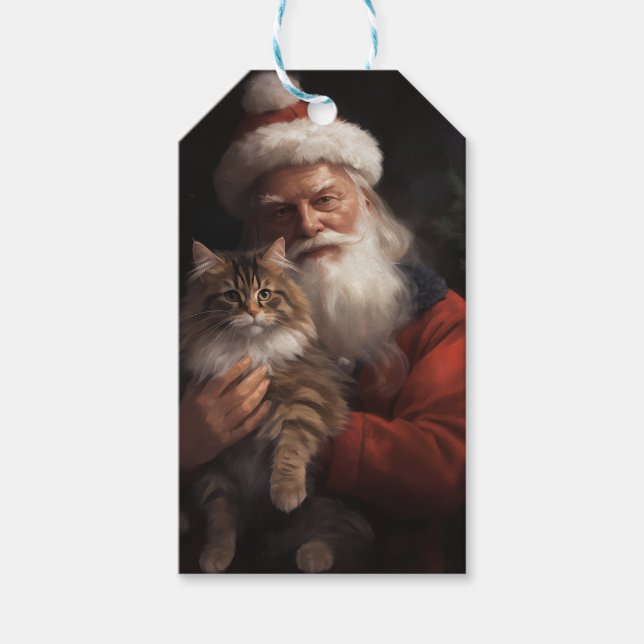 Maine Coon med Jultomten julafton Presentetikett (Framsidan)