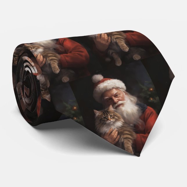 Maine Coon med Tomte Festiv Jul  Slips (Rullad)