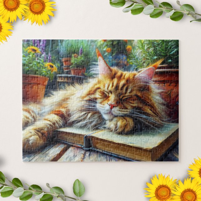 Maine Coon Orange Cat Sleeping in a Garden Pussel (Skapare uppladdad)