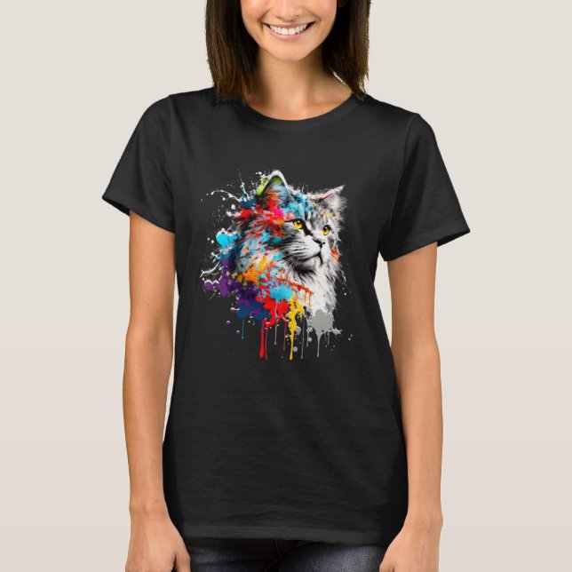 Maine Coon Paint Splatter Cat  Splatter Paint T Shirt (Framsida)