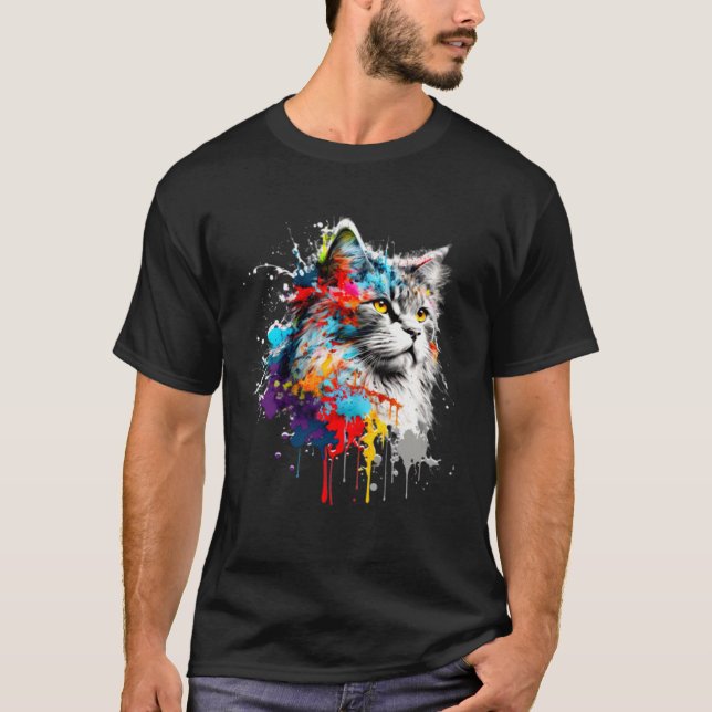 Maine Coon Paint Splatter Cat  Splatter Paint T Shirt (Framsida)