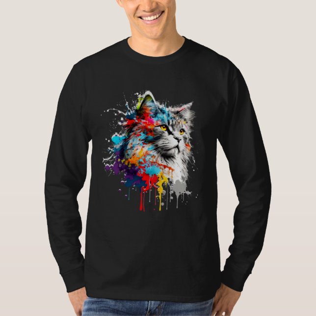 Maine Coon Paint Splatter Cat  Splatter Paint T Shirt (Framsida)