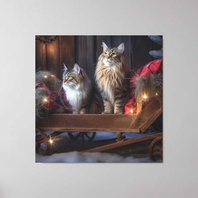 Maine Coon Snowy Sleigh juldeeller Canvastryck (Framsida)