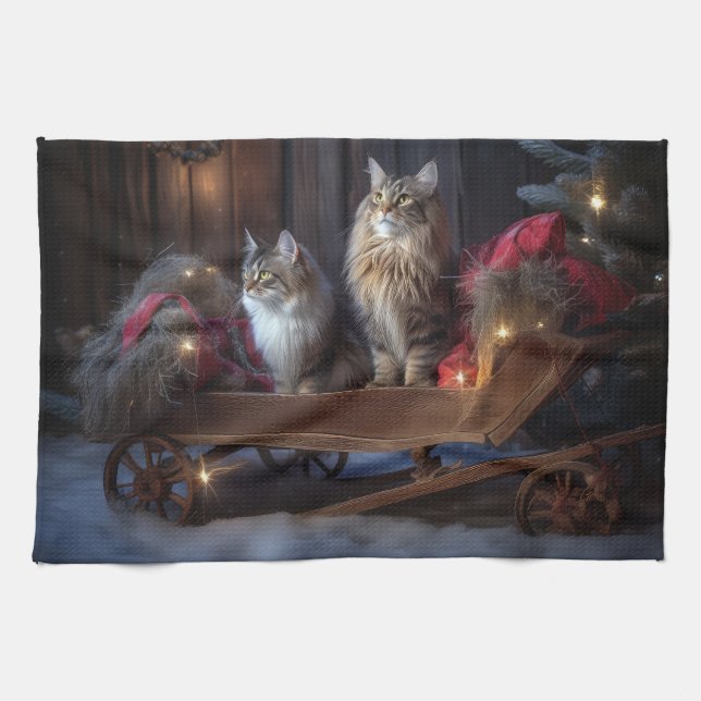 Maine Coon Snowy Sleigh juldeeller Kökshandduk (Horisontell)