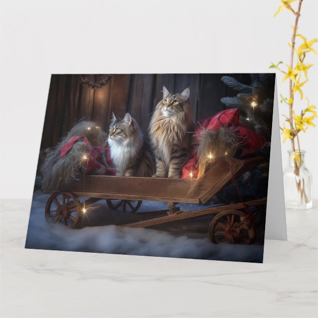 Maine Coon Snowy Sleigh juldeeller Kort (Gul blomma)