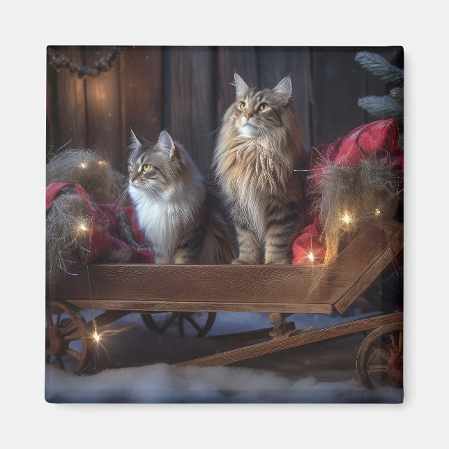 Maine Coon Snowy Sleigh juldeeller Magnet (Framsidan)
