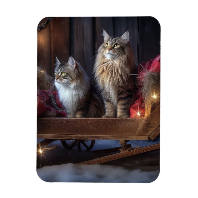 Maine Coon Snowy Sleigh juldeeller Magnet (Vertikal)