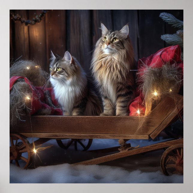 Maine Coon Snowy Sleigh juldeeller Poster (Framsidan)