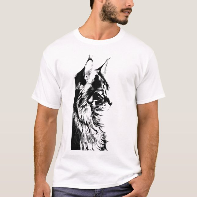 Maine Coon T-Shirt: White Tee Black & White Cat (Framsida)