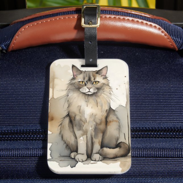 Maine Coon Watercolor Illustration Bagagebricka (Framsida Insitu 2)