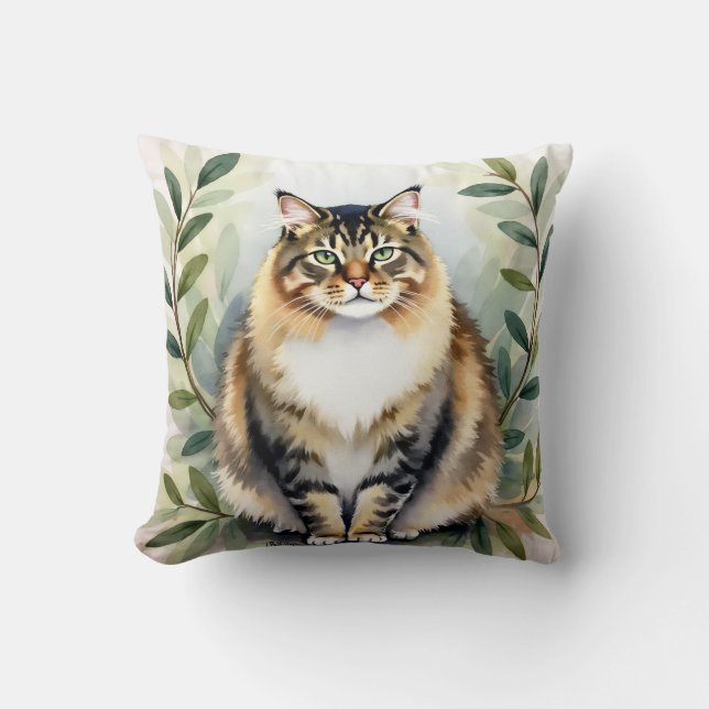 Maine Coon Watercolor Skogslager Konst Kudde (Framsida)
