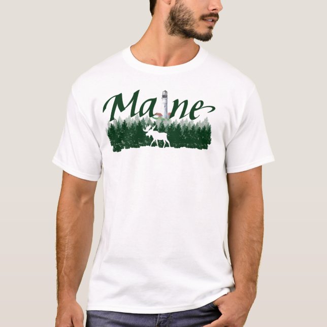 Maine, fyr, gräs träd, silhuette moose t shirt (Framsida)