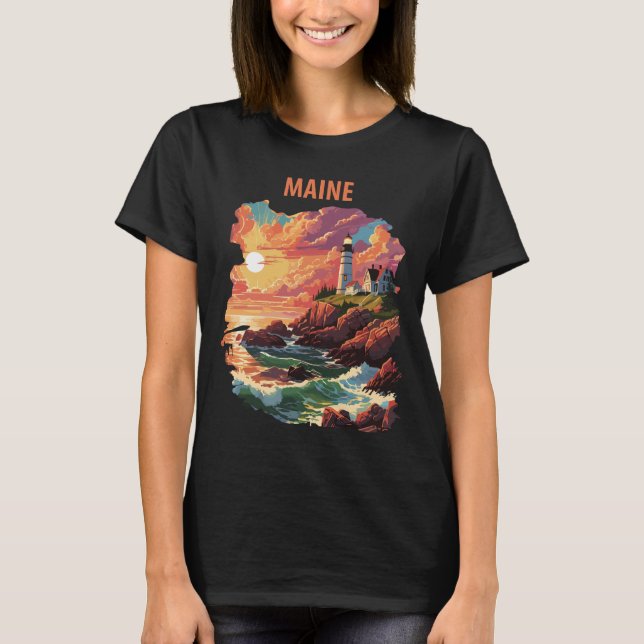 Maine fyr kust retro resor t shirt (Framsida)
