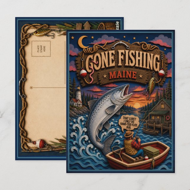 Maine Gone Fishing Atlantisk Lax Vykort (Fram/baksida)