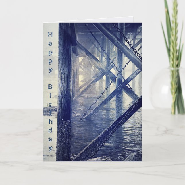 Maine Harbour Docks Rustic Blue Birthday Card Kort (Framsida)