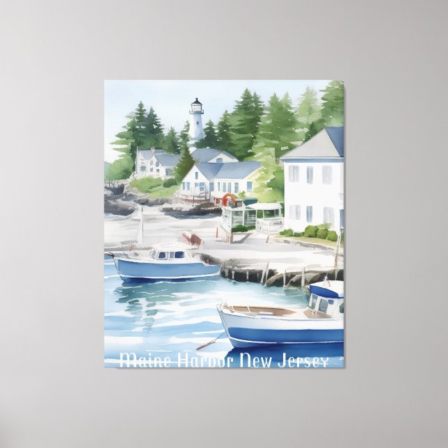 Maine Harbour New jersey Watercolor Art Canvastryck (Framsida)