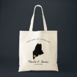 Maine Karta Bröllop Välkomsthjälpmedel, svart och  Tygkasse<br><div class="desc">Bröllop helg välkomnar presentpåsen för gäster från stan till bröllop,  med en bild av Maine,  med guld hjärta.  Fyll i tote med dina favoritvaror.</div>