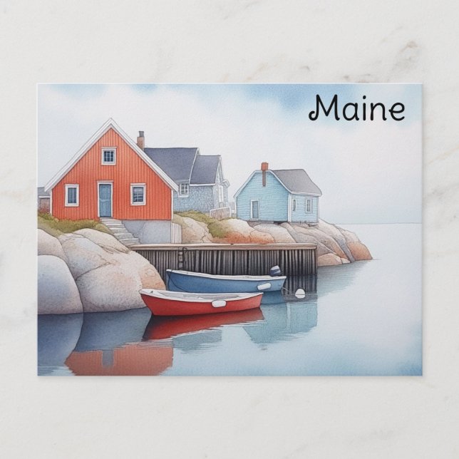 Maine Kust Färgrika Hus Akvarell Resa Vykort (Framsida)