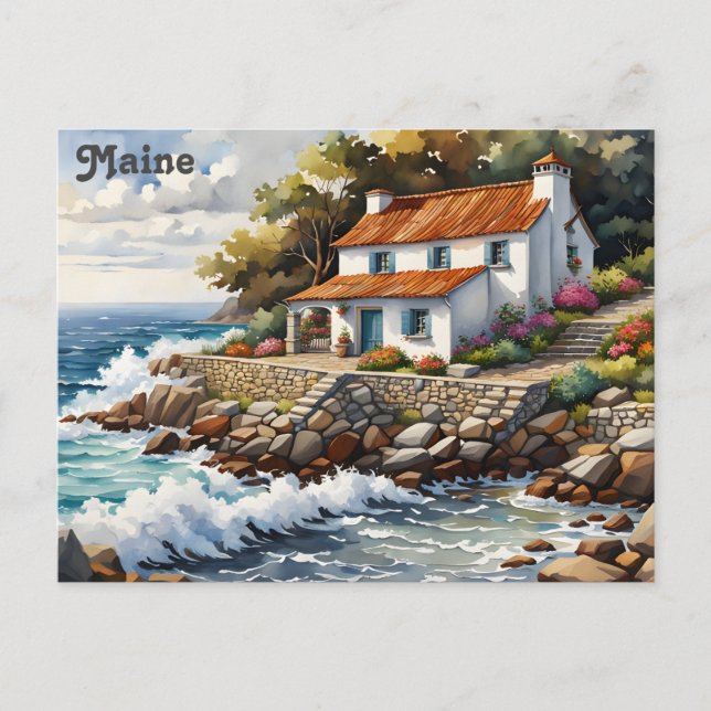 Maine Kusten Watercolor Travel Vykort (Framsida)