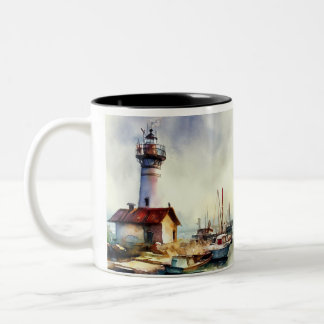 Maine Lighthouse och ships Watercolor Art Art Två-Tonad Mugg