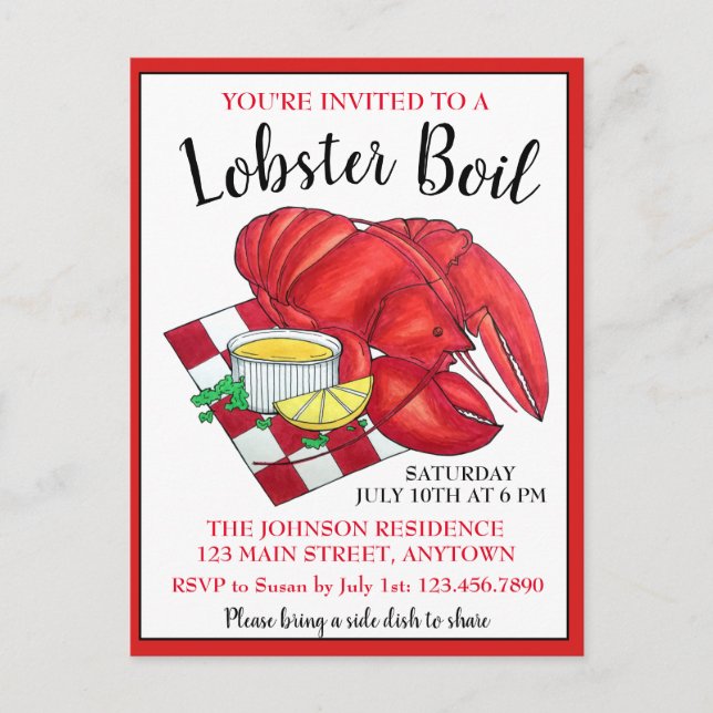 Maine Lobster Dinner Seafood Boil Picnic Clambake Inbjudan Vykort (Framsida)