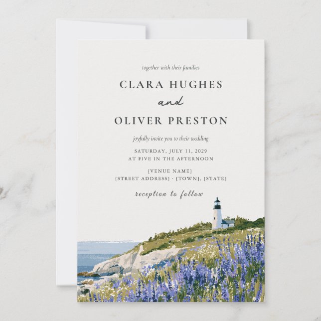 Maine Lupine Lighthouse Kustvattenfärg Bröllop Inbjudningar (Framsida)