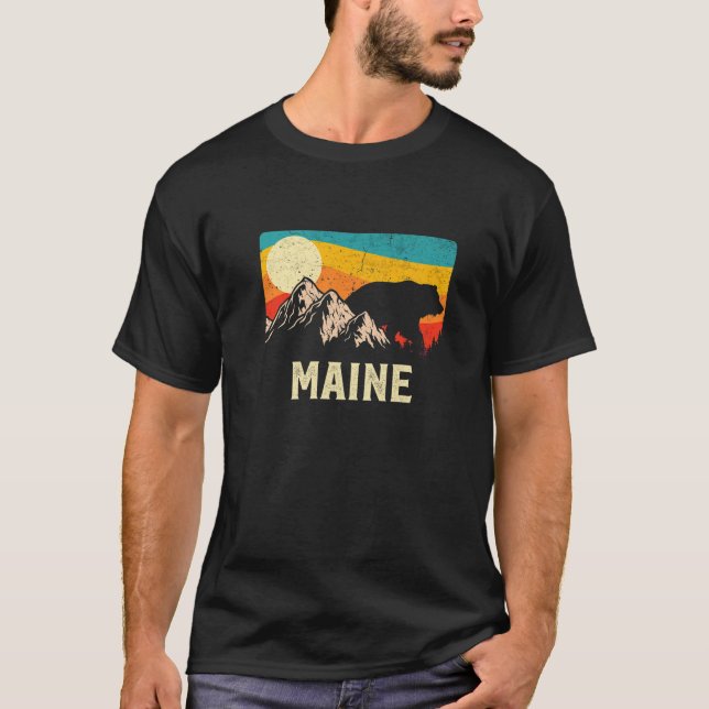 Maine Nature Vild Bear Retro Sunset Hiking T Shirt (Framsida)