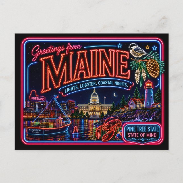 Maine Neon State Retro Vintage Vykort (Framsida)