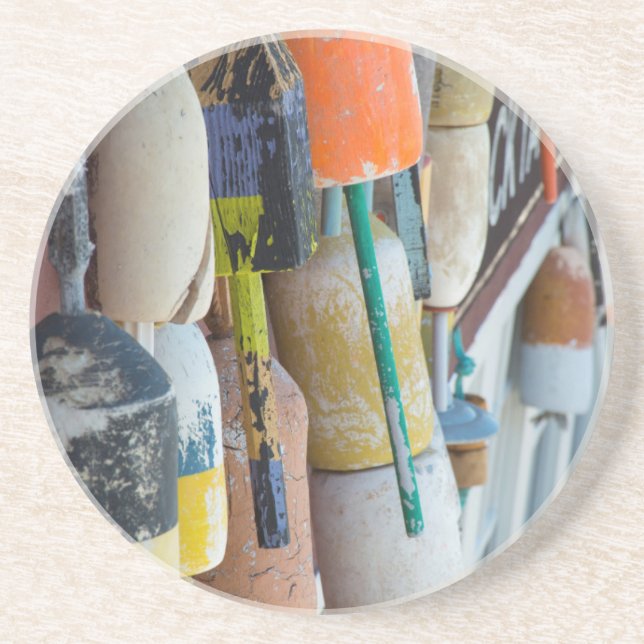 Maine, Pub Harbour. Fälliga bojar av hummer Underlägg Sandsten (Framsidan)