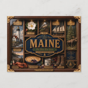 Maine Shadow Box 3D Figurin Delstat Vykort