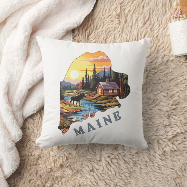 Maine State-kontur för kabin Moose Kudde (Filt)