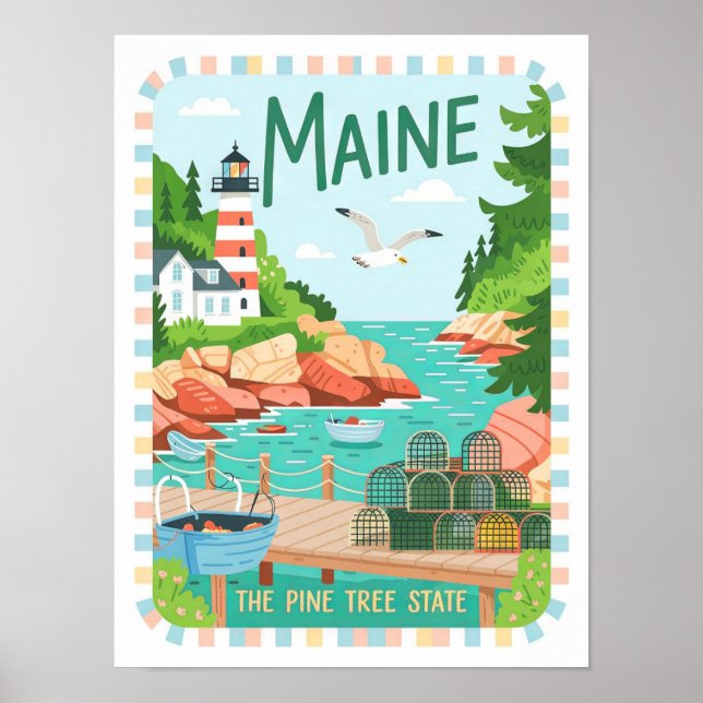 Maine-staten Gräs Träd USA Sommarresa Poster (Framsidan)