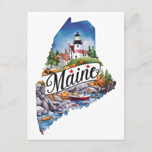 Maine USA Delstat Formad Vintage Vattenfärg Vykort