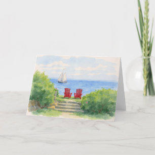 Maine Watercolor Red Adirondack Chairs Seaside Anteckningskort