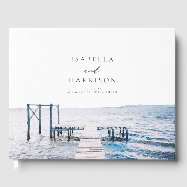 MAIRI Sjö Pier Destination Watercolor Bröllop Gästböcker (Framsida)
