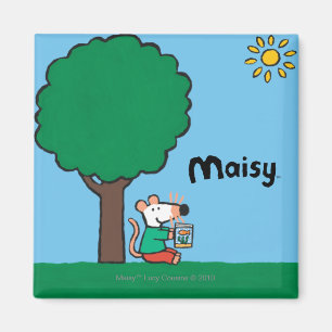 Maisy läser henne bibliotekboken utanför magnet