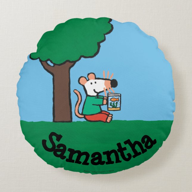 Maisy läser henne bibliotekboken utanför rund kudde (Framsidan)