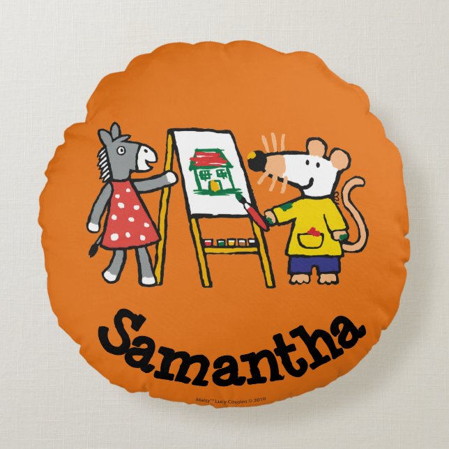 Maisy och Dotty målar på förskole- Rund Kudde (Framsidan)