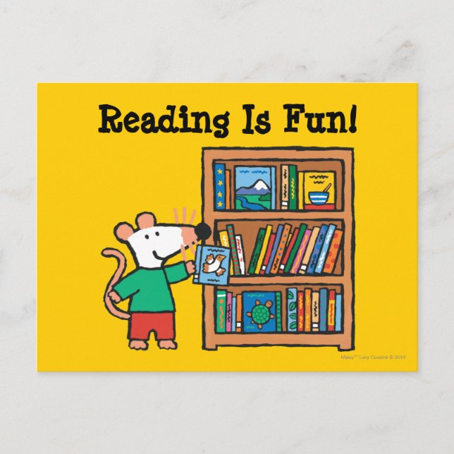 Maisy och en bokhylla full av böcker vykort (Framsida)