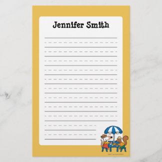 Maisy skriver vykort under blåttparaplyet brevpapper