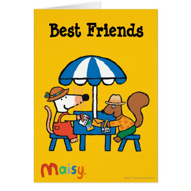 Maisy skriver vykort under blåttparaplyet hälsningskort (Framsidan)