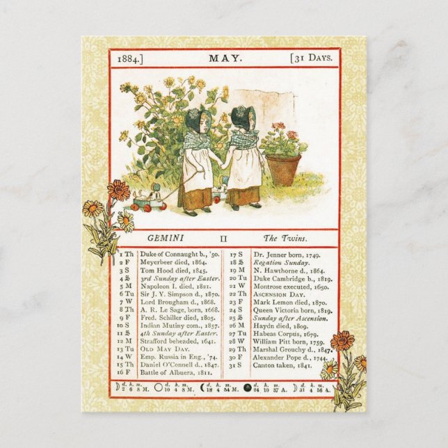 Maj 1884 Almanacka. Tvillingarna Vykort (Framsida)