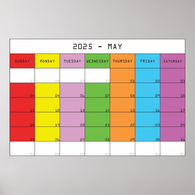 Maj 2025 färgdagar kalender planerare poster (Framsidan)