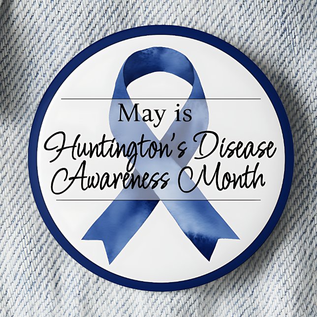 Maj är medvetenhetsmånad för Huntingtons sjukdom Knapp (May is Huntington's Disease Awareness Month Blue Awareness Ribbon pinback button.)