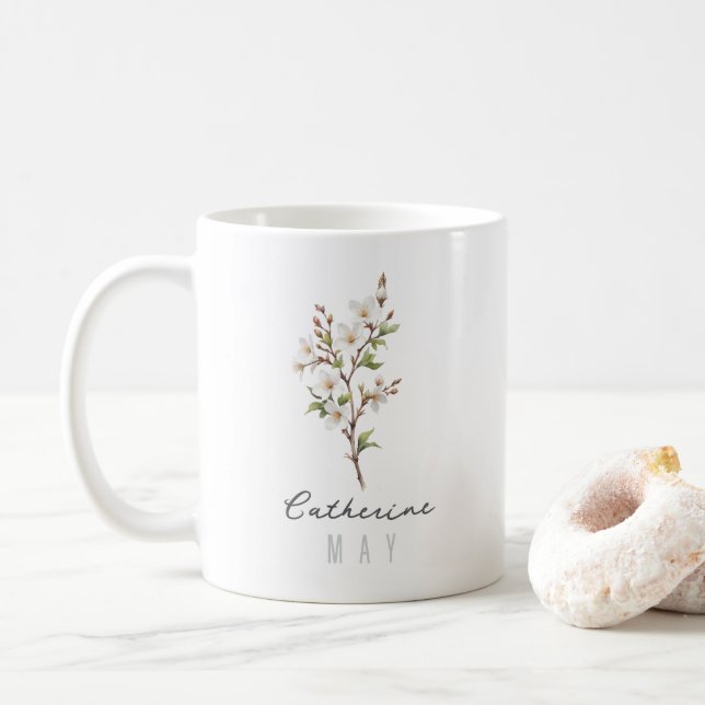 Maj Födelsemånadsblomma med namn – Hagtorn Kaffemugg (Med munk)