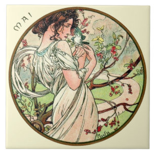 Maj för art nouveauMucha kalender Kakelplatta