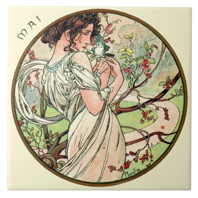 Maj för art nouveauMucha kalender Kakelplatta (Framsidan)