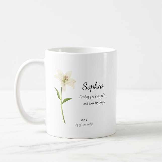 Maj Liljekonvalj Personlig Födelsedag Kaffemugg (Vänster)